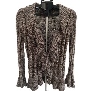 INC International Concepts Ruffled Knit Cardigan Sweater Women's XL Brown White